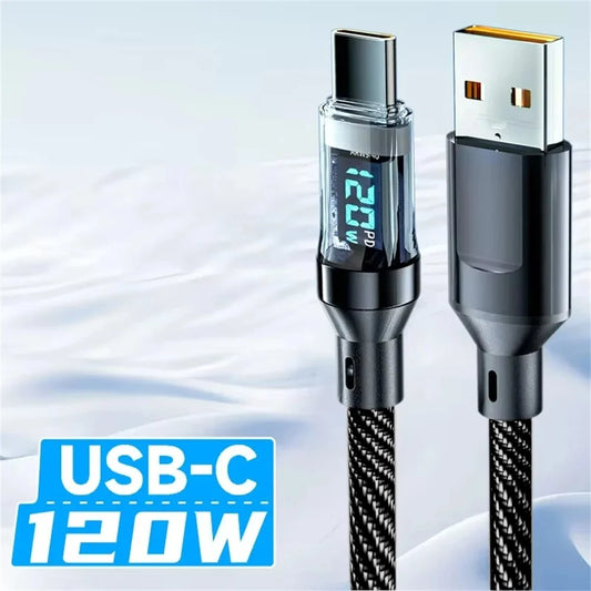 120W Type C to Type C Cable Phone Super Fast Charging Cable With LED Display USB To Type-C Data Cord For Xiaomi Samsung Huawei